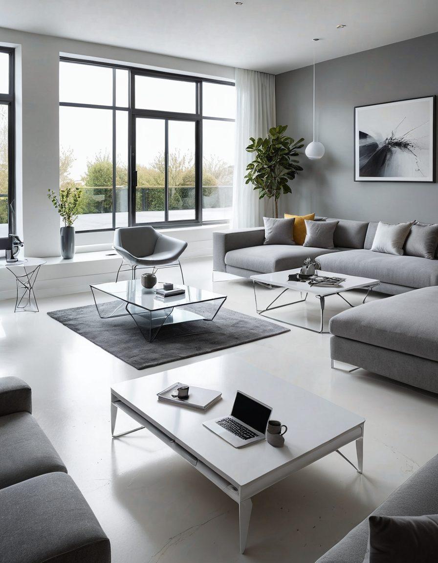 A chic, modern living room with sleek furniture, minimalist decor, and large windows allowing natural light. A stylish coffee table with a laptop showcasing a stunning website design. Color palette: whites, grays, and pops of vibrant colors. 3D elements and futuristic touches. super-realistic. vibrant colors. white background.
