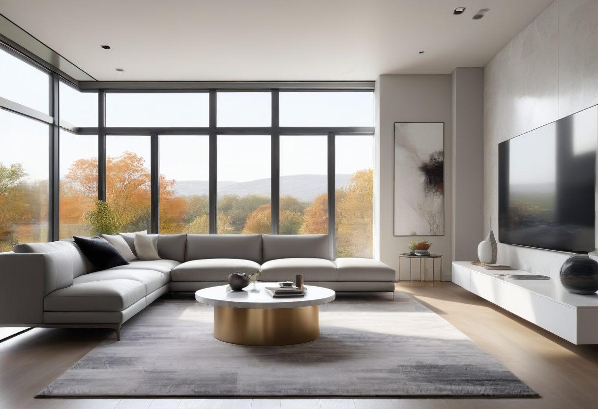 A sleek, modern living room with a minimalist design, featuring clean lines and chic decor elements like abstract art, sleek furniture, and smart home devices displaying digital interfaces. Floor-to-ceiling windows let in natural light, and the color palette includes whites, grays, and metallics. super-realistic. vibrant colors.