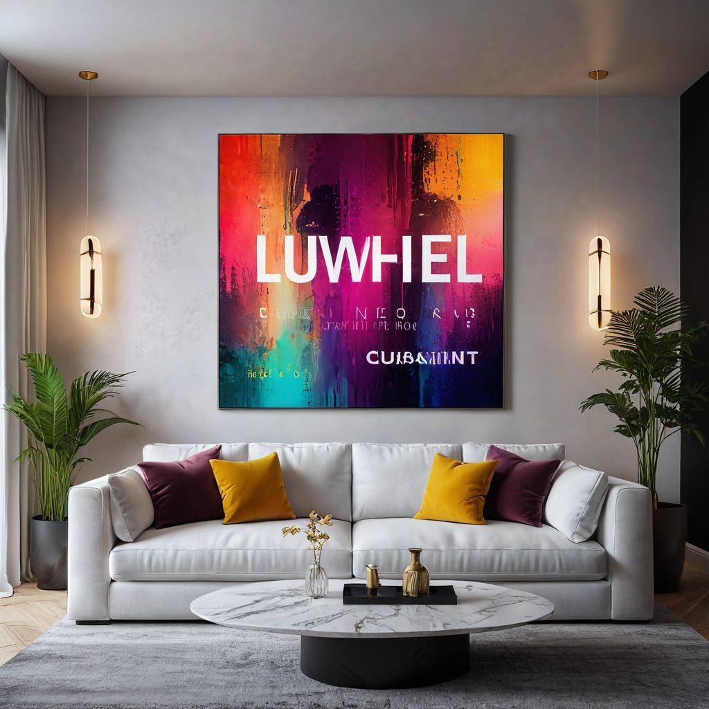 A chic living room seamlessly blending modern web design elements with trendy home decor. Picture a stylish sofa with sleek lines, contemporary typography art, and abstract digital textures on the walls, all bathed in ambient lighting. The scene exudes sophistication and allure, capturing the essence of merging digital aesthetics with interior elegance. super-realistic. vibrant colors. modern design.